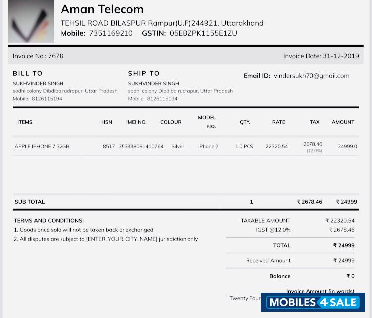 Silver Apple  Iphone 7 32gb