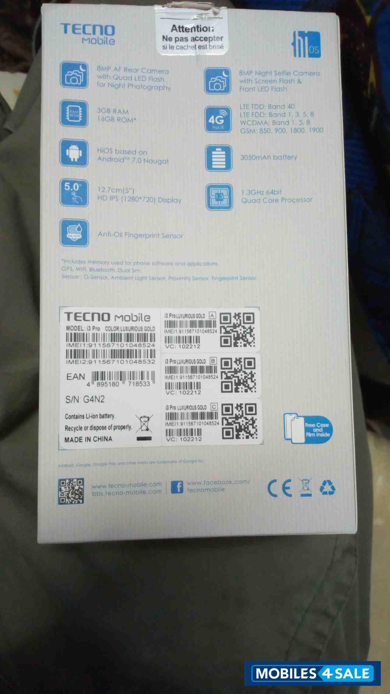 Front Is Black And Back Is Gol Tecno i3 Pro